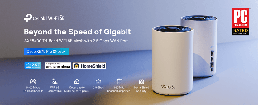 TP-Link Deco XE75 Pro AXE5400 Tri-Band WiFi 6E Mesh System - 2.5G WAN/LAN Port, Covers up to 5500 Sq.Ft, Replaces WiFi Router and Extender, AI-Driven Mesh, New 6GHz Band, 2-Pack