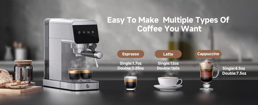 AMZCHEF Espresso Machines with LED Touch screen, Espresso Coffee machine Equip 20Bar Pressure System, Cappuccino Machine, Compact Latte Machine for Home Gifts,Silver
