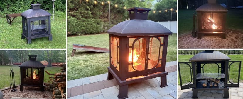 45" H×31''W Metal Chiminea Fire Pit with Grill, Wood Burning Fire Pits for Outside,Square Chimineas Fireplace with Mesh Spark Screen Door& Fire Poker for Garden,Yard,BBQ,Bonfire