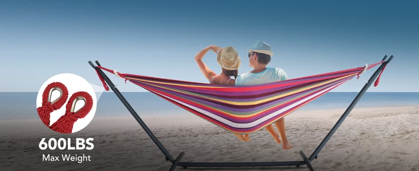 Double Hammock with Heavy-Duty Steel Stand,Portable,Easy Assembly,600lbs Weight Capacity,Perfect for Indoor,Yard,Camping,or Outdoor-Rainbow