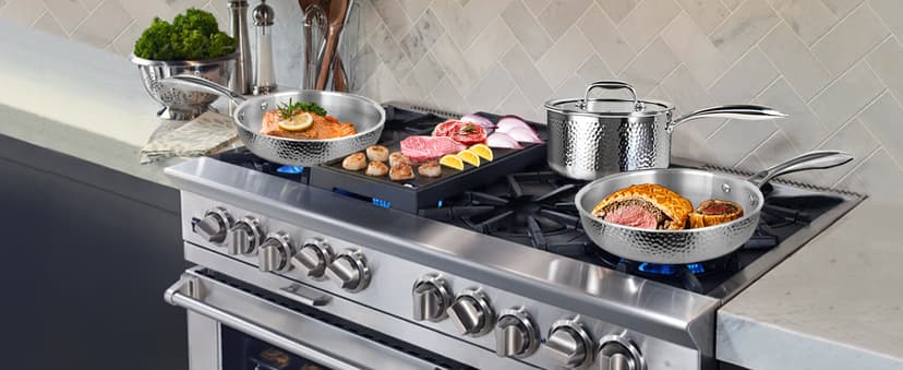 imarku Pots and Pans Set, 14PCS Kitchen Cookware Sets Tri-Ply Clad Stainless Steel with Hangered Handle and Lids, Suits Ceramic and Induction, Oven and Dishwasher Safe, Best Gifts for Women Man