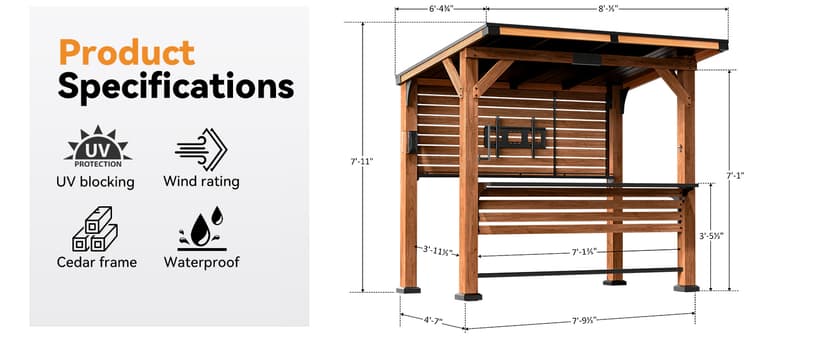 Modern Shade The Aura Cedar Wood Entertainment Bar Center, Wood Gazebo Grill Pavilion with Shelves & Paper Towel Holder, Grill Gazebo with Hardtop Steel Roof,TV Mount, Power Strip for Patio, Garden