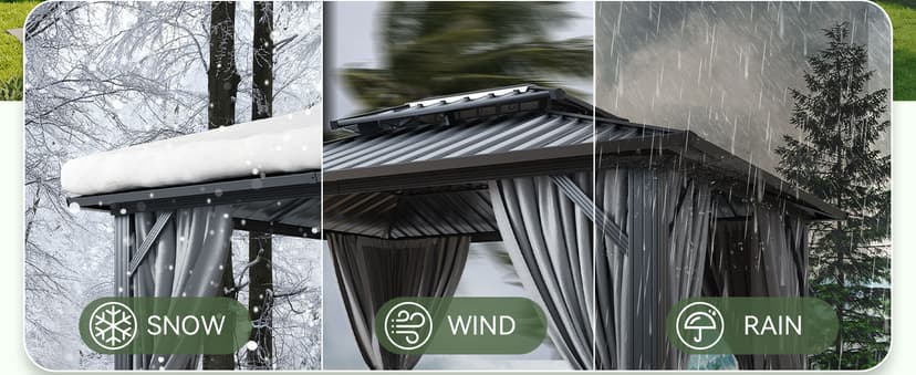 Aoxun Hardtop Gazebo 10x12, Aluminum Frame Canopy with Double Galvanized Steel Roof, Outdoor Gazebo with Breathable Netting and Privacy Curtain for Backyard