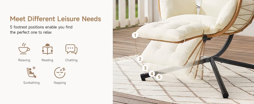 Hanging Egg Chair with Adjustable Footrest & Stand, Wicker Rattan Swing Hammock Chair with Cushion & Double Chains, 350LBS Capacity for Outdoor & Indoor Patio, Deck, Bedroom, Balcony (YE-BE)