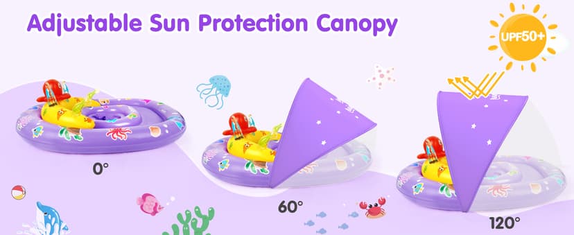 EZIGO Baby Pool Float with Canopy UPF 50+ Sun Protection, Double Air Chambers Infants Swimming Floats with Sound Toys Adjustable Safety Seat Toddler Float for Boys and Girls 6-36 Months