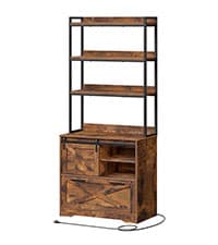 55'' Farmhouse Executive Desk with Drawers, Computer Desk with File Cabinet and Side Bookshelf, Writing Gaming Desk with Monitor Stand & Charging Station, White and Walnut