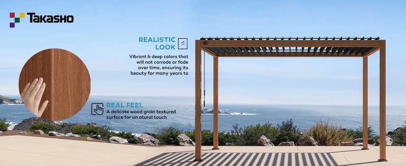 111S Takasho Louvered Pergola 10x13 Wood Grain Outdoor Aluminum Pergola with Adjustable Rainproof Roof Full Aluminum Frame Ideal for Outdoor Deck Garden Patio Durable, Cherry Oak