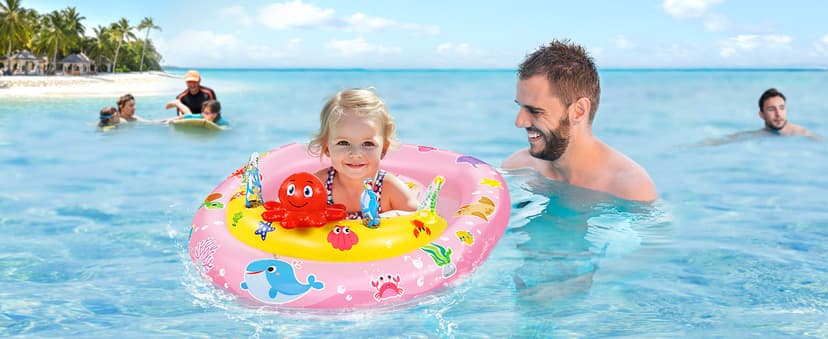 EZIGO Baby Pool Float with Canopy UPF50+ Sun Protection, Inflatable Kids Pool Floats with Ocean Animal Toys for Baby 6-36 Months, Infant Swimming Float with Adjustable Safety Seat for Boys Girls