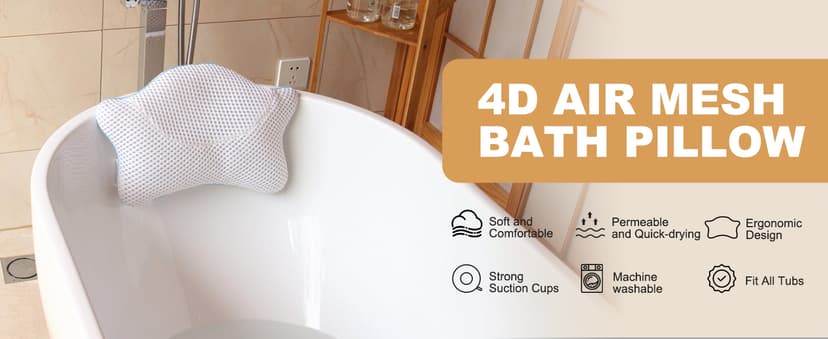 Non Slip Bath Pillow, Luxury Spa Bathtub Head & Neck Rest Support, Permeable Quick Drying Air Mesh Tub Pillow with 4 Large Suction Cups, Fits Any Tubs, Soft and Relaxing
