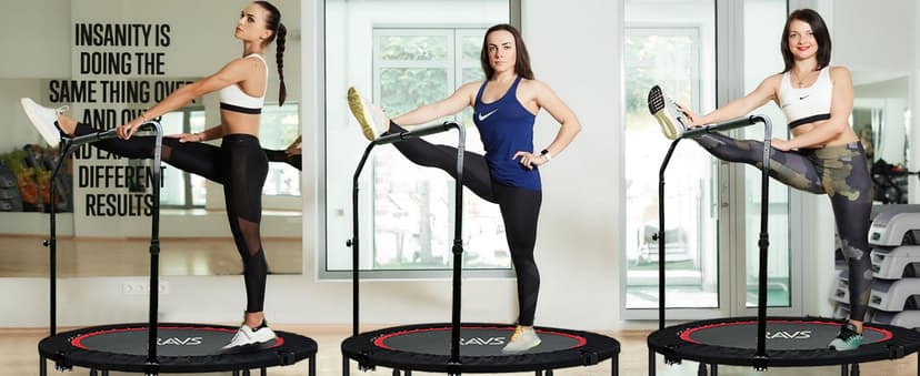 RAVS Mini Trampoline for Kids Adults 40"/48" Foldable Fitness Rebounder Kids Trampoline with 5 Levels Height Adjustable Handle Resistance Bands Indoor Workout