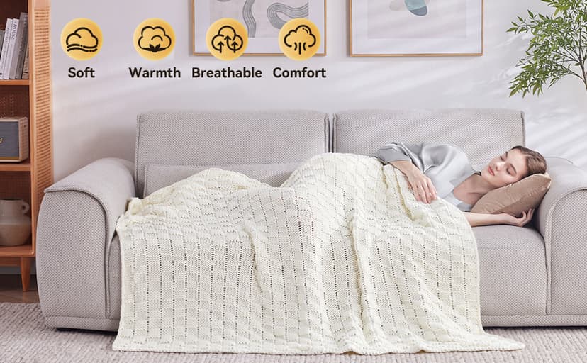 Knitted Weighted Blanket for Adult, No Beads Heavy Blanket 48” x 72'' 12lbs, Breathable Chunky Knit Blanket, Cooling Weighted Blanket for Hot Sleepers, Christmas Home Decor (Ivory White)