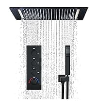 HOMEDEC Luxury Full Body Shower Jets System, 15x28inch Rain Shower Faucet Set Combo with 4pcs Adjustable Large Body Jet with Handheld Spray (Matte Black, 3 Functions Shower Head)