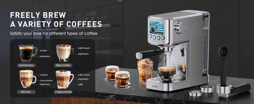Espresso Machine 20 Bar with Milk Frother, Stainless Steel Coffee Maker with 42 oz Removable Water Tank for Cappuccino, Latte&Cold Brew, Home&Office, Silver