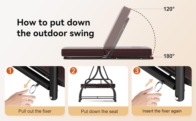 3-Seat Outdoor Patio Swing Glider - Heavy Duty Steel Frame with Adjustable Canopy & Removable Cushions - All Weather Porch Swings Chair for Backyard, Garden, Poolside - Brown