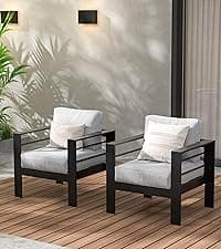 Wisteria Lane Patio Furniture Aluminum Sofa, All-Weather Outdoor 3 Seats Couch, Black Metal Chair with Light Grey Cushions