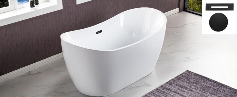 WOODBRIDGE 59" Acrylic Freestanding Bathtub Contemporary Soaking White Tub with Matte Black Overflow and Drain,B0016 -MB-Drain &O