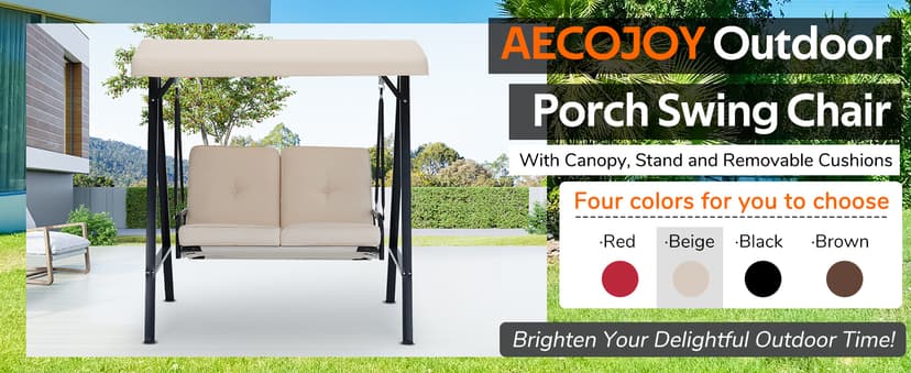 AECOJOY Outdoor Patio Swing Chair for Adults, 2-Seat Porch Swings with Adjustable Canopy, Outside Swing Bench with Removable Cushion, Suitable for Backyard, Garden, Yard, Poolside, Balcony (Beige)