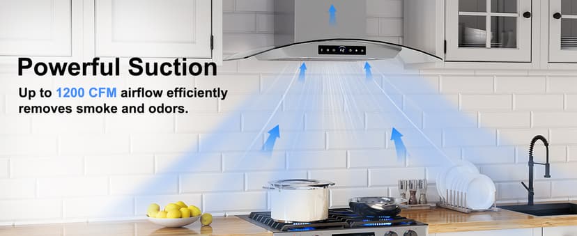 30 inch Range Hood Wall Mount, 1200 CFM with 4-Speed Gesture Sensing & Touch Control, Stainless Steel Ducted Kitchen Stove Vent Hoods with 2 LED Lights, Time Setting, Dishwasher-Safe Baffle Filters