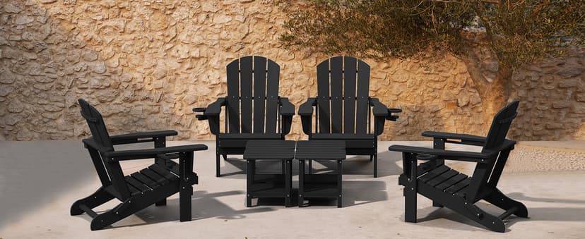 SERWALL HDPE Folding Adirondack Chair with Dual Cup Holder - Composite Adirondack Chair - Black