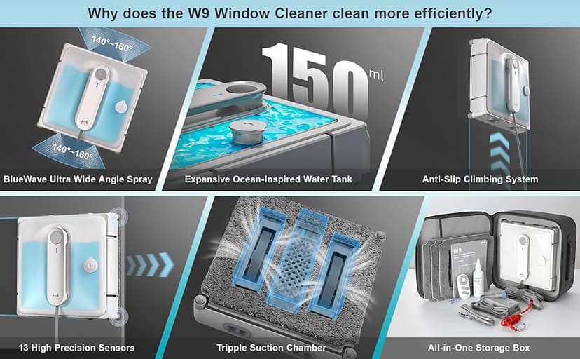 Auto Window Cleaning Robot W9 with 4 Water Spray, Upgraded 3 Pressure Compartments, 3800Pa Suction Power, Anti-Falling and Edge Detection Sensors, for High-Rise Windows, Tiles and Glass