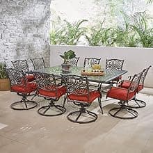 Hanover Traditions Set with 6 Swivel Rocker Chairs, Tan Cushions and Large 38"x72" Dining Table, Outdoor Dining Set for 6