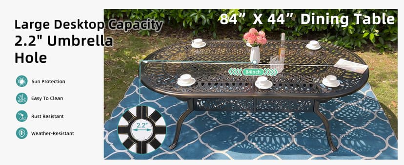 MEETWARM 9-Piece Outdoor Furniture Dining Set, All Weather Cast Aluminum Patio Garden Set with 8 Chairs,1 Oval Table, 2" Umbrella Hole, Dark Bronze