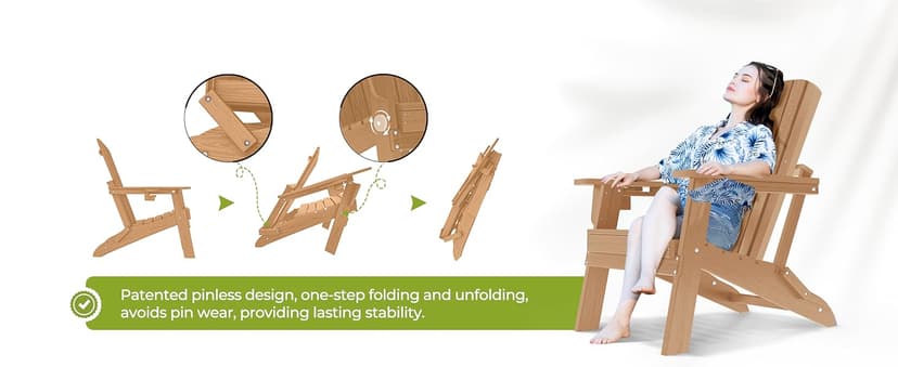 nevilywood Folding Adirondack Chair - Extended Ergonomic Backrest, Cup Holder - Easy Assembly - Durable HDPE Plastic, Weather Resistant & Maintenance-Free - Lawn, Patio, Deck Supports 400lbs Teak