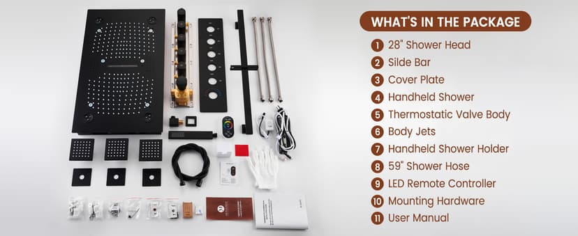 MONDAWE 28 Inch Flush-Mounted Thermostatic Shower System in Matte Black, 64 Colors LED and Bluetooth Control Music Rainfall Shower Head, Handheld Spray and Body Jets, High Pressure Shower Faucet Set