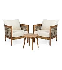 Merax 5-Piece Outdoor Acacia Wood Wicker Conversation Set with 3 Seater Sofa,Loveseat,2 Chairs and Coffetable for Backyard