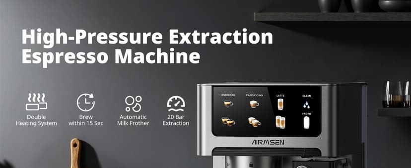 AIRMSEN 20 Bar Espresso Machine with Automatic Milk Frother, Cappuccino & Latte Coffee Maker with Quick Brew Dual Boiler (1350W + 1000W), Stainless Steel, 60oz Water Tank, Touchscreen