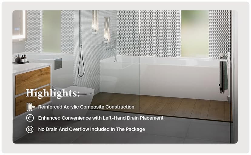 Eviva Nova 60" White Acrylic Free Standing Tub for Bathrooms - White Bathtub with Chrome Left-Hand Drain - luxurious Bathtubs - 60 inch Bathtubs for Bathrooms