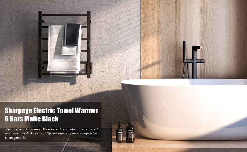 Towel Warmer Rack with 24hr Timer, Matte Black Heated Towel Rack for Bathroom, Plug-in/Hardwired, Wall Mounted 6-Bar Electric Towel Warmer with Temperature Control
