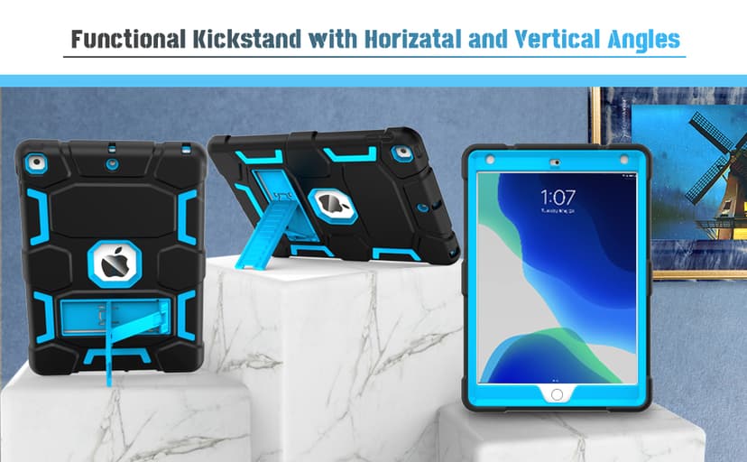 CCMAO iPad 9th Generation Case, iPad 8th/7th Generation Case, iPad 10.2 2021/2020/2019 Case with Kickstand, Heavy Duty Shockproof Hybrid Three Layer Protective Cover for Kids Boy Girl, Black+Sky Blue