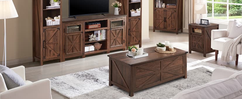 JXQTLINGMU Farmhouse TV Stand for 75 Inch TV, Entertainment Center with Storage, Rustic TV Cabinet with Barn Doors, 66" TV Console for Living Room, Adjustable Shelf - Black