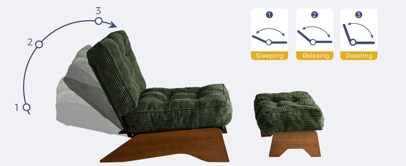 MAXYOYO Accent Chair with Ottoman Adjustable Backrest, Tufted Living Room Chair Upholstered Lounge Chair with Footrest Set, Modern Chair Cozy Reclining Chair for Reading Room, Green