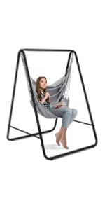 Giantex Hanging Chaise Lounger Chair, Arc Stand Porch Swing Chair w/Canopy, Cushion Built-in Pillow, Outdoor Freestanding Swing Hammock Chair for Patio Poolside Backyard Garden (Orange)
