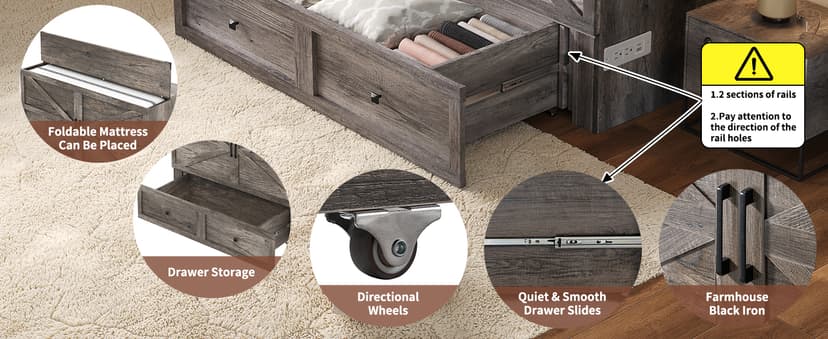 Murphy Bed Queen Size, Cabinet Bed with Charging Station Large Storage Drawer for Home Office or Small Room, Hideaway Bed Full Foldable Platform Bed, Rustic Grey