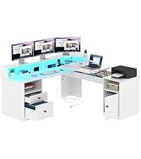 DWVO Farmhouse Office Desk with Drawer & Power Outlets, Wood Computer Desk w/LED Strip & Monitor Stand for Bedchamber Study, Home Office Table with Storage Cabinet for Working Writing Gaming (White)