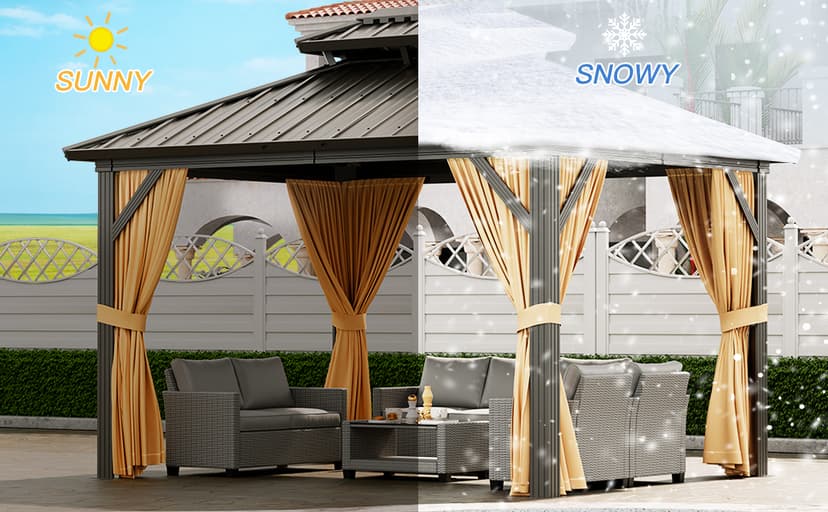 10'x10' Hardtop Gazebo, Heavy Duty Aluminum Permanent Hardtop Gazebo Outdoor Pavilion with Curtains and Netting for Garden (Khaki, 10'x10')