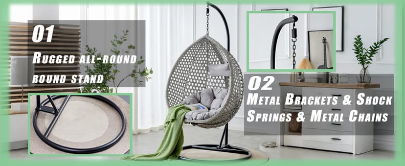 Egg Swing Chair Outdoor with Stand, Hanging Egg Rattan Basket Chair with Cushion and Pillow, Swinging Egg Chair, Foldable Basket and Metal Stand for Porch, Patio, Bedroom, Balcony,yard (White)