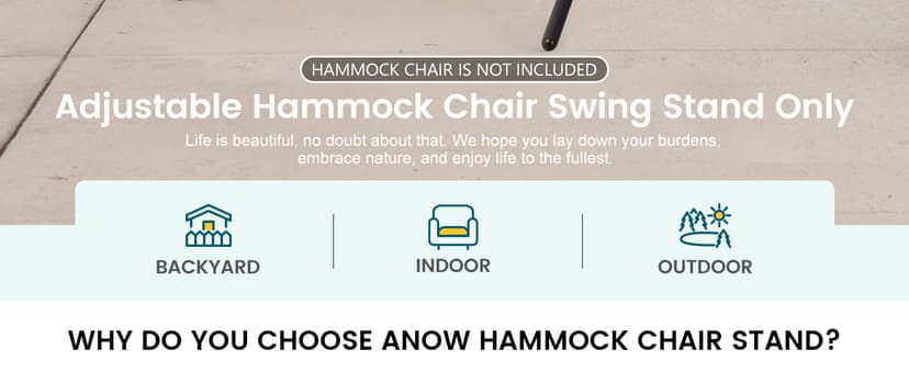 ANOW Adjustable Hammock Chair Swing Stand Only, Heavy Duty Hanging Chair Stand with Safety Hooks for Indoors Outdoors, Max 400 Lbs, Plus Size Version, Black