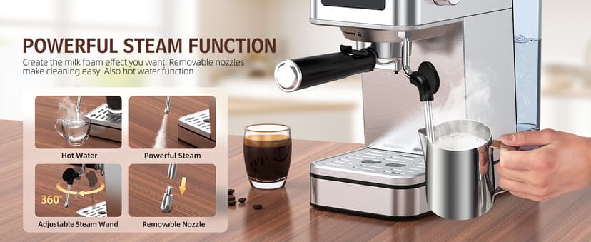 Espresso Machine with Milk Frother, 20 Bar Compact Espresso Maker with Touch Screen & 57.5oz Removable Water Tank for Home, Stainless Steel Coffee Machine for Cappuccino, Latte, Silver(updated)