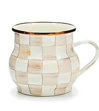 MACKENZIE-CHILDS Enamel Whistling Tea Kettle, Decorative Teapot for Stovetop, Brown-and-White Mocha Check