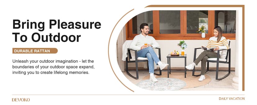 Devoko 3 Piece Rocking Bistro Set Wicker Patio Outdoor Furniture Porch Chairs Conversation Sets with Glass Coffee Table (Beige)