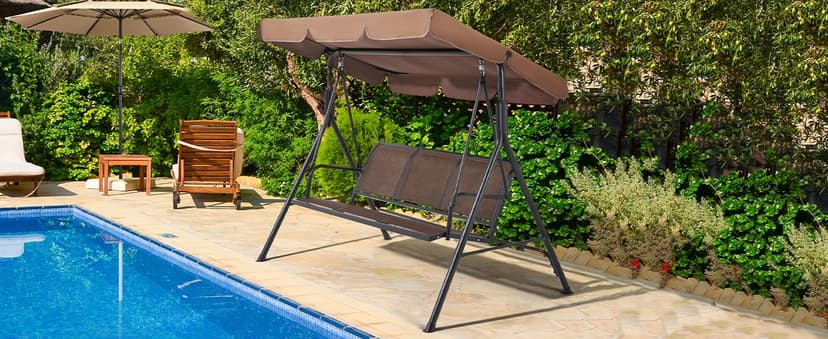 Yaheetech Outdoor Porch Swing Chair for Adults, 3-Seat Patio Hanging Swing w/Adjustable Canopy, Armrests, Porch Swing Sets w/Stand, Breathable Fabric for Backyard/Garden/Balcony, Dark Brown