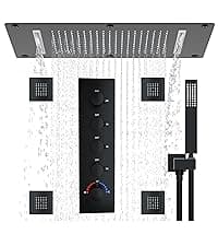 HOMEDEC Luxury Full Body Shower Jets System, 15x28inch Rain Shower Faucet Set Combo with 4pcs Adjustable Large Body Jet with Handheld Spray (Matte Black, 3 Functions Shower Head)