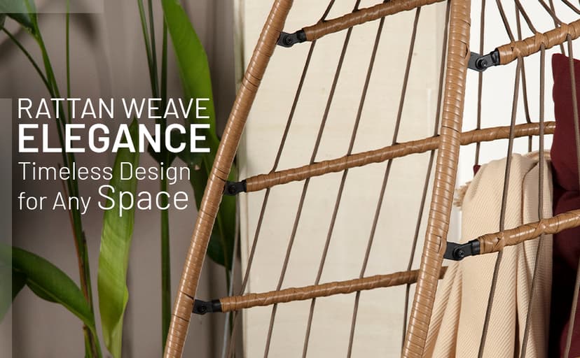 SereneLife Foldable Hanging Egg Swing – Brown Rattan Wicker Lounger with Stand, Waterproof Seat Cushion & Headrest, 350 lbs. Capacity – Outdoor Hammock Chair for Patio, Porch, Garden & Indoor Use