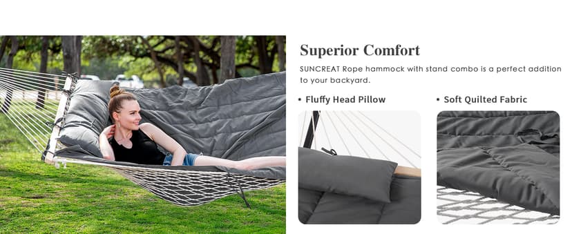 SUNCREAT Double Outdoor Hammock with Stand, Two Person Cotton Rope Hammock with Polyester Pad, Dark Gray
