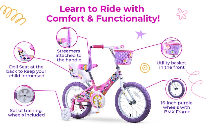 Titan Girls BMX Bike for Kids Ages 4-7, 16-Inch Wheels, 9-Inch Frame, Training Wheels, Toy Seat, Doll Basket, Streamers, First Bike, Princess Bicycle, Gift for Girls
