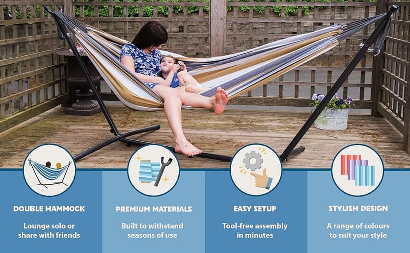 Vivere Double Cotton Hammock with Space Saving Steel Stand, Upgraded Polyester End Strings 450 lb Capacity - Premium Carry Bag Included - USA Grown Cotton (Natural)